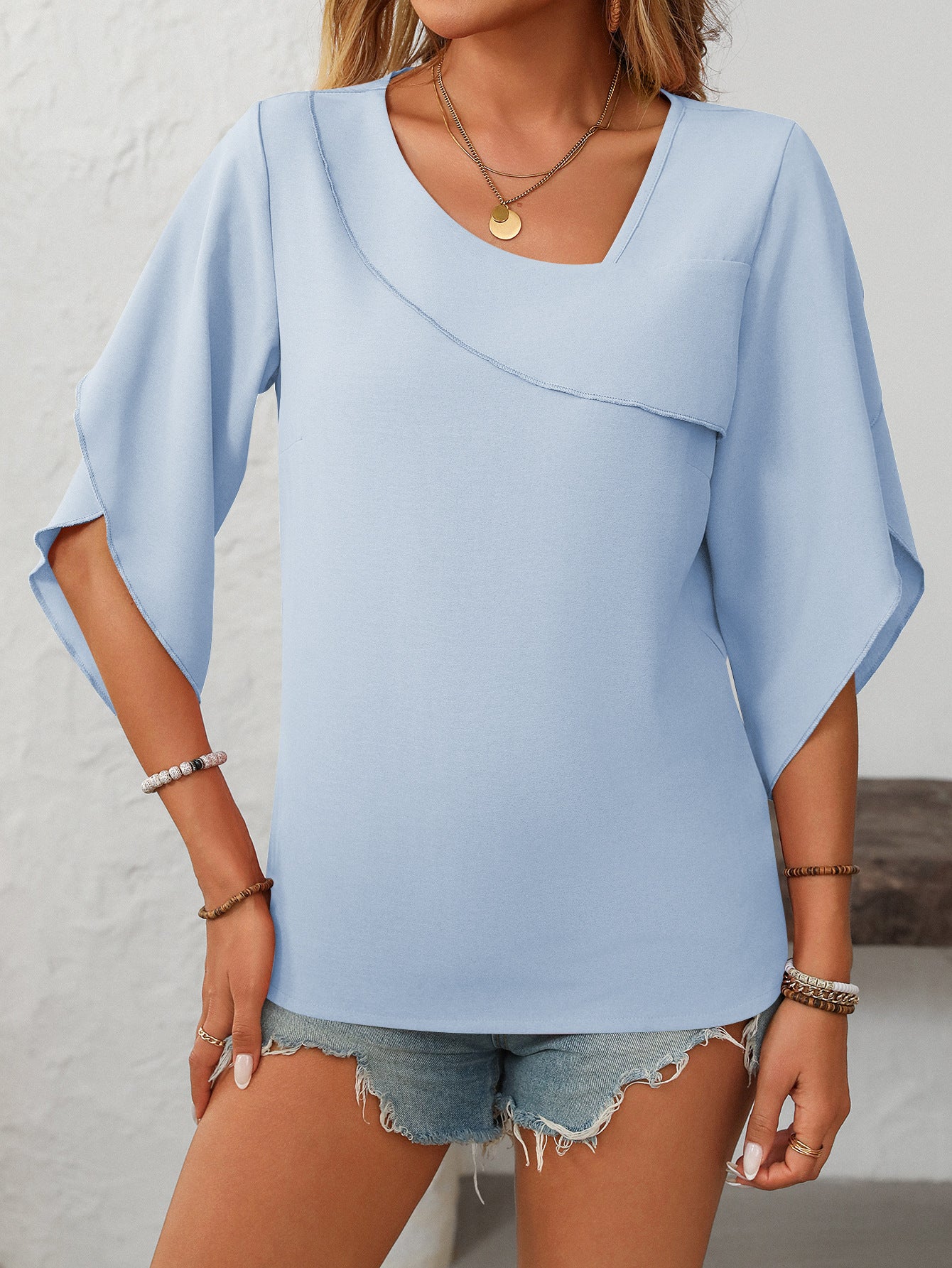 Women's Ruffled Split Sleeve V-Neck Casual Flowing Chiffon Top