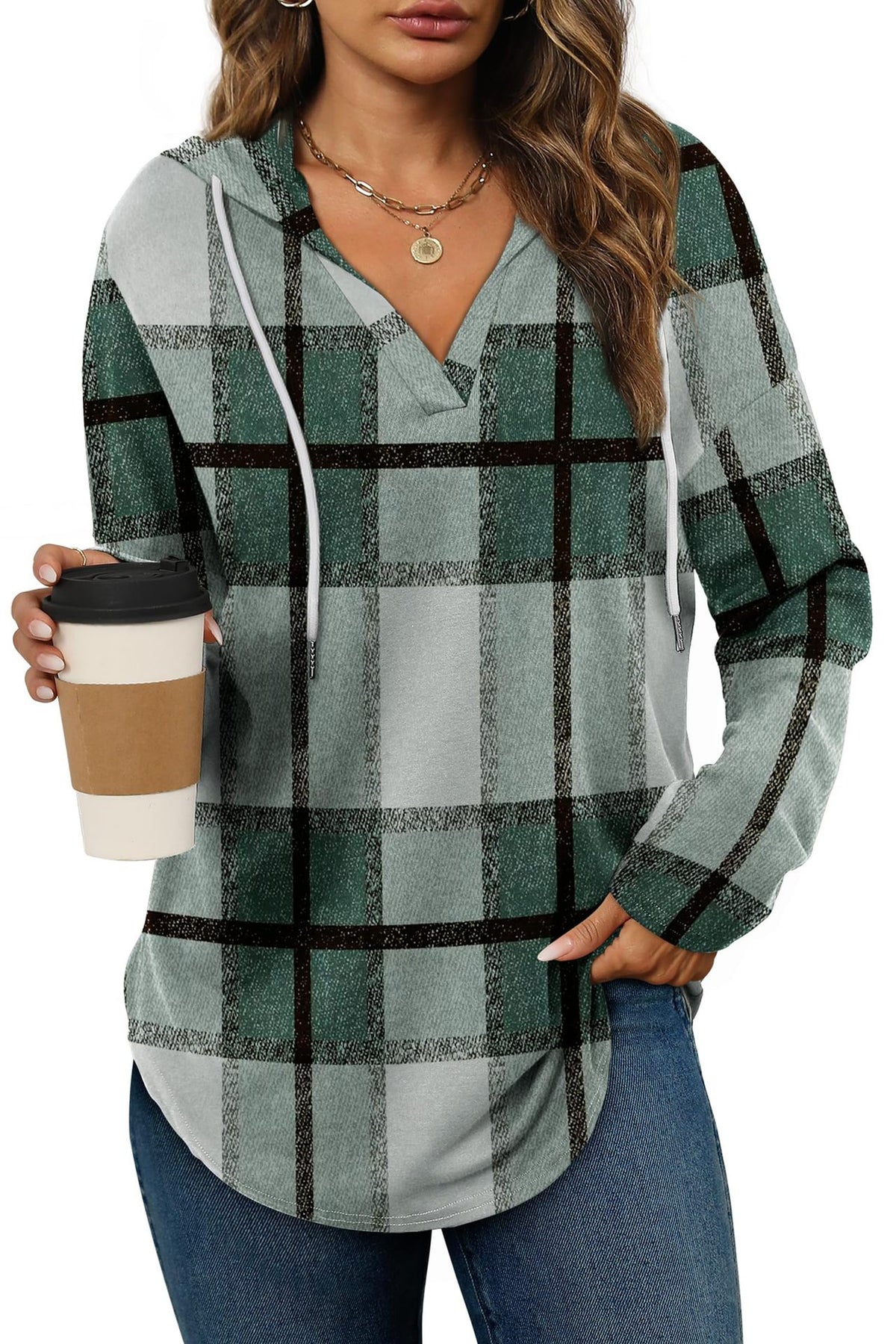 Women's Plaid V-Neck Fleece Hoodie Pullover