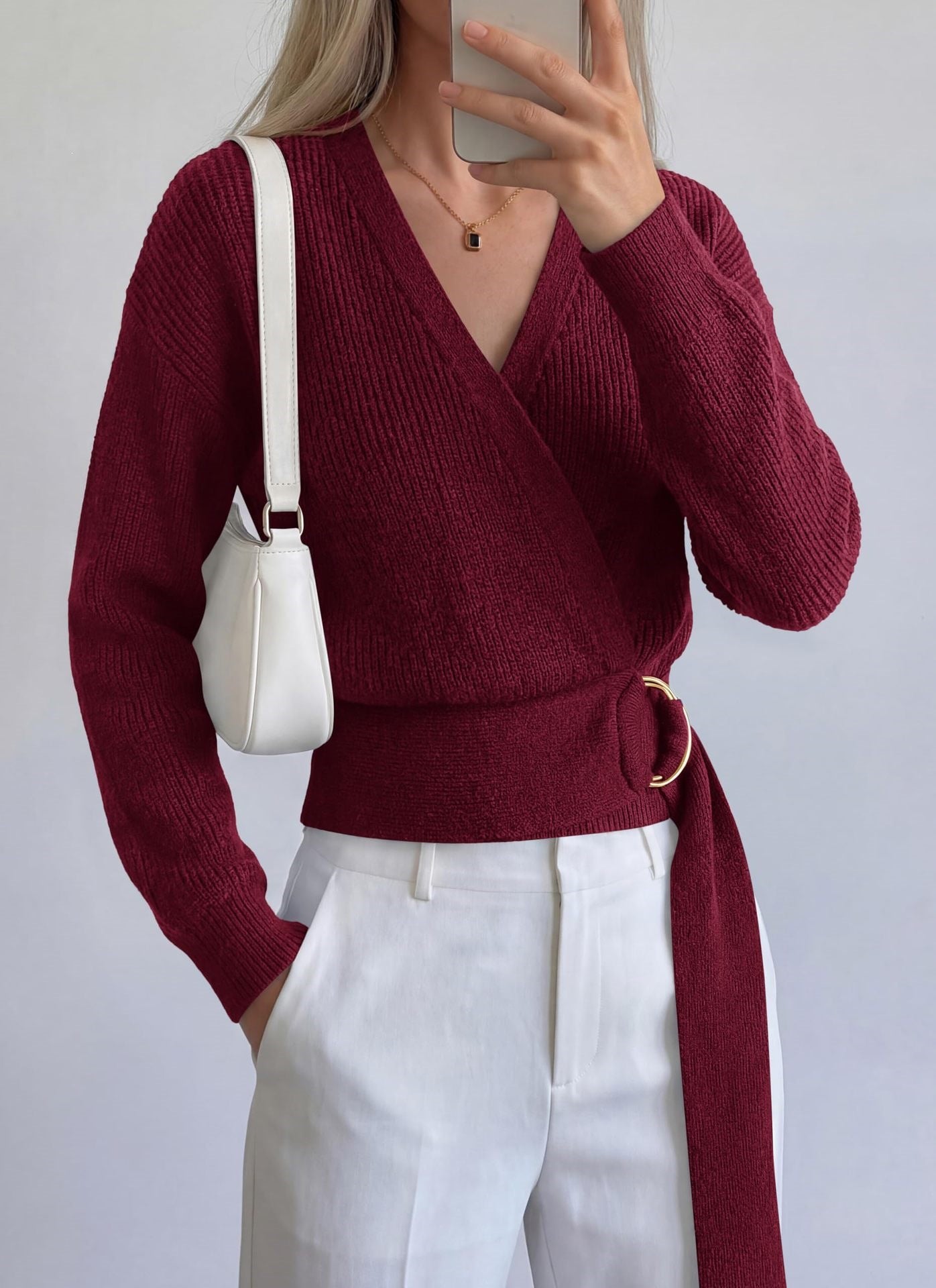 Metal Buckle V Neck Knit Sweater Long Sleeve Top