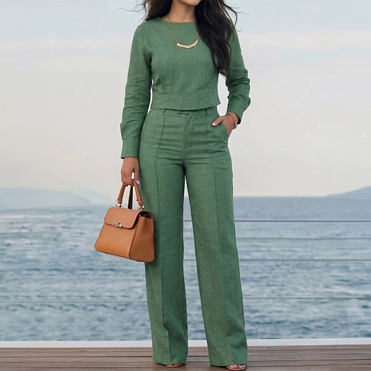 Women's Green 2 Piece Crop Top Wide Leg Pants Set