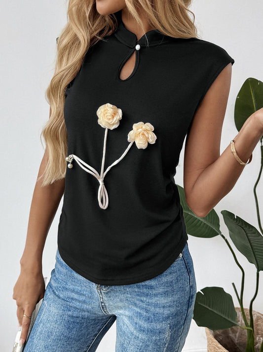 Unique Black Sleeveless Top with Floral Detailing and Keyhole Closure