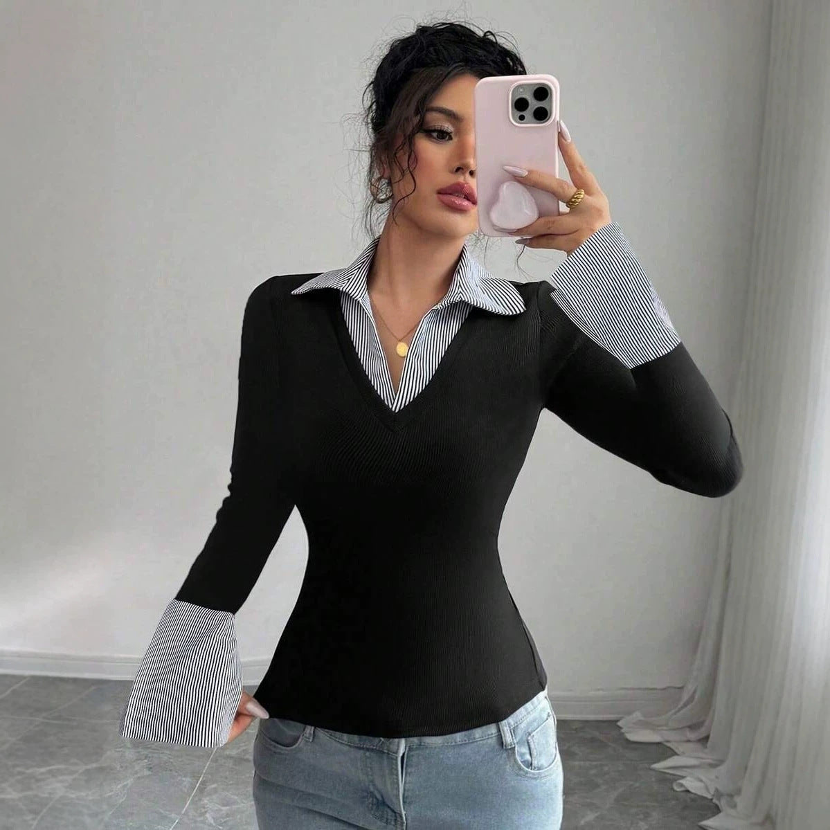 Office V Neck Layered Collared Knit Top Long Sleeve Tee