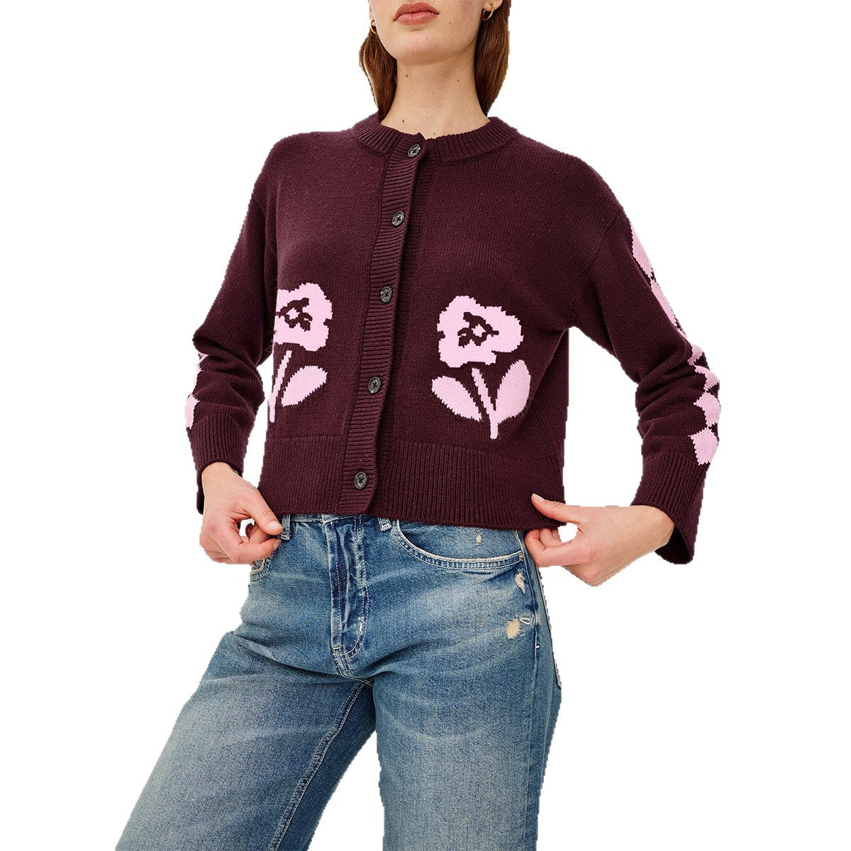 Women's Vintage Floral Cropped Knit Cardigan Button Up