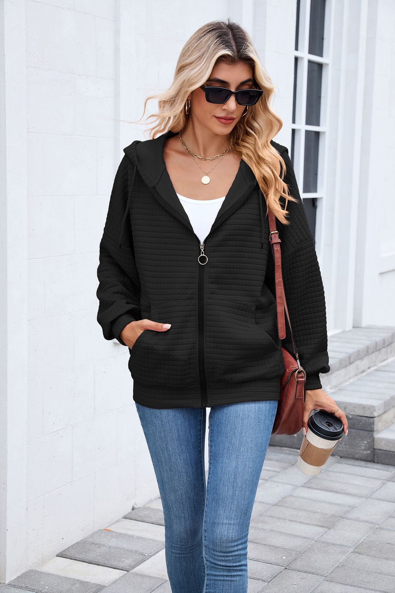 Quilted Zip-Up Hoodie Jacket | Casual Long Sleeve Sweatshirt