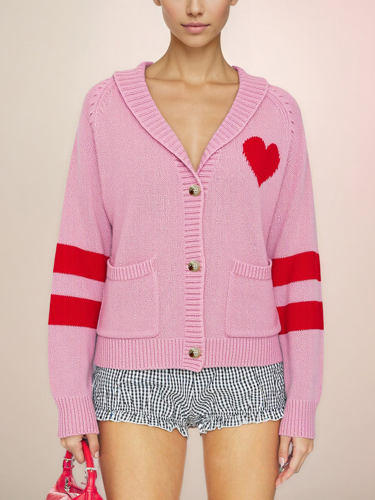 Womens Heart Patch Striped Cardigan Sweater V Neck