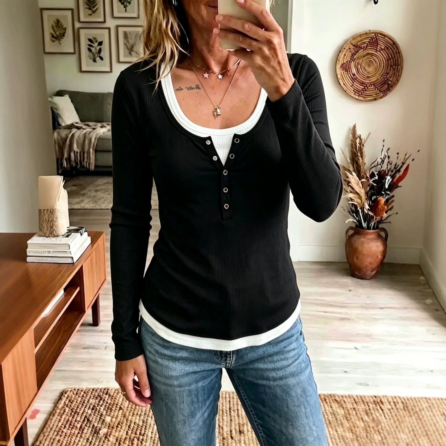Ribbed Henley Top Layered Look Long Sleeve