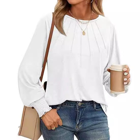 Women's Pleated Crew Neck Lantern Sleeve Oversized Pullover
