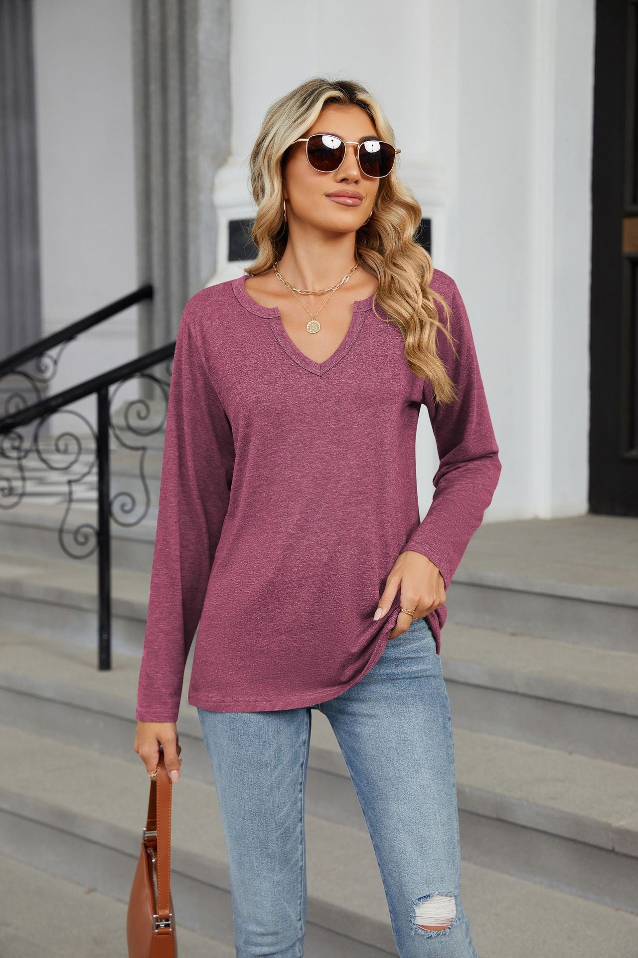Women's Oversized V Neck Long Sleeve Tunic Top