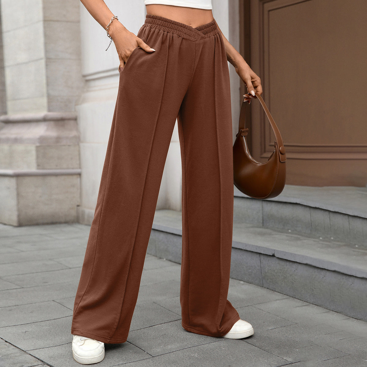 Women's Casual Wide Leg Pants Elastic Waist with Pockets