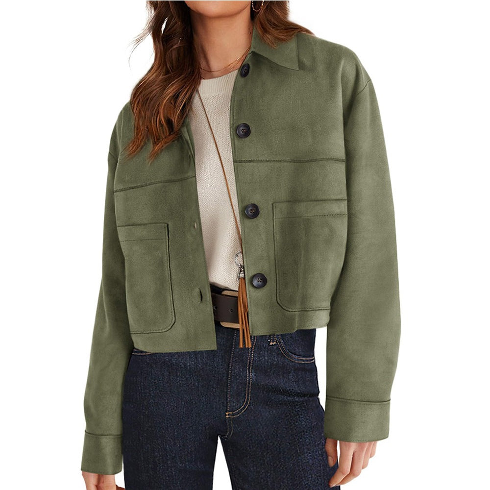 Solid Suede Jacket Western Cropped Button Front
