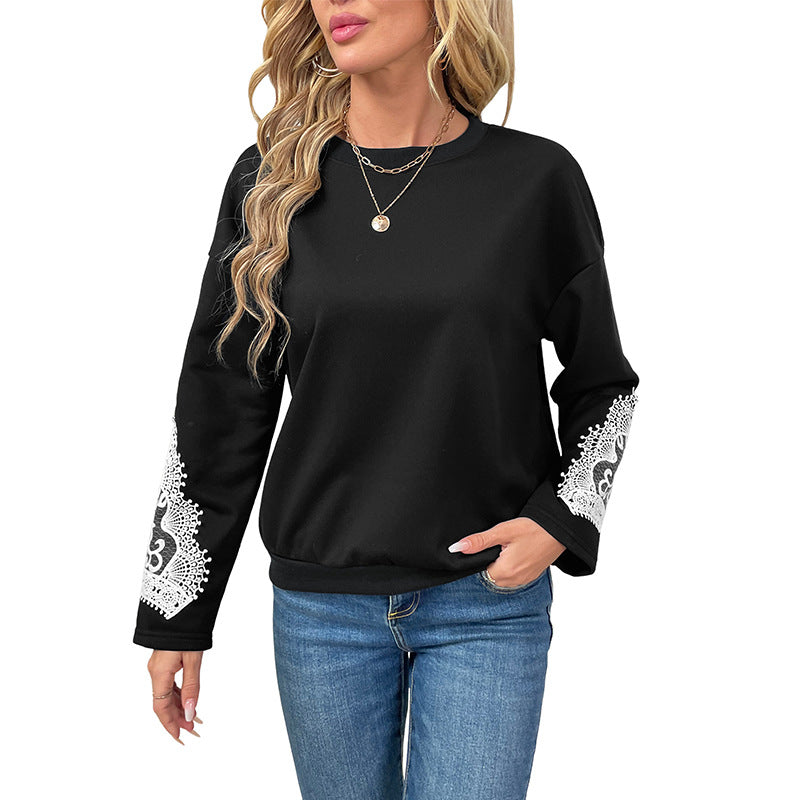 Women's Lace Patchwork Crewneck Pullover Sweatshirt