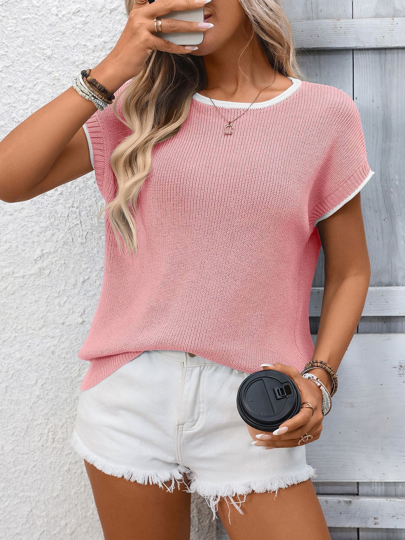 Contrast Trim Round Neck Short Sleeve Knit Casual Top