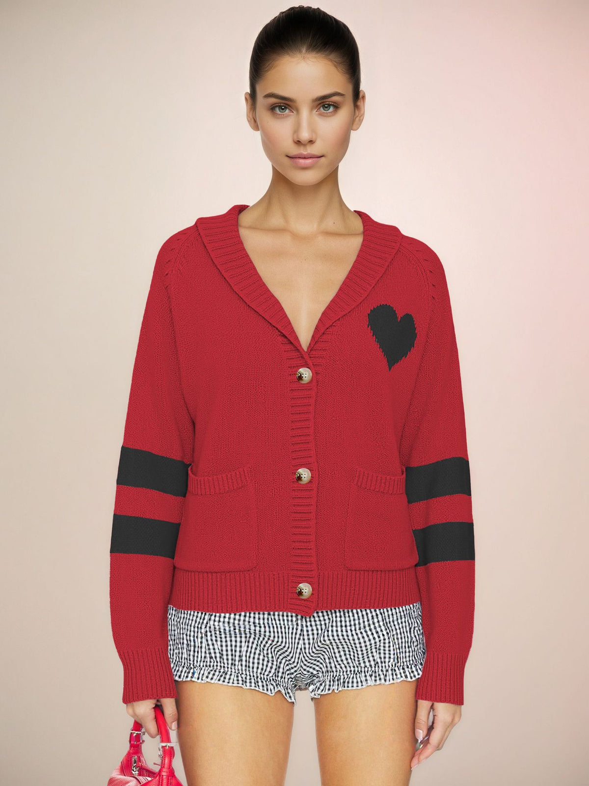 Women's Heart Striped Sleeve Knit Cardigan Sweater