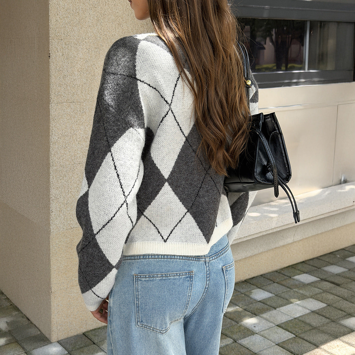 Women's Argyle V-Neck Cropped Sweater Preppy Fall Knit