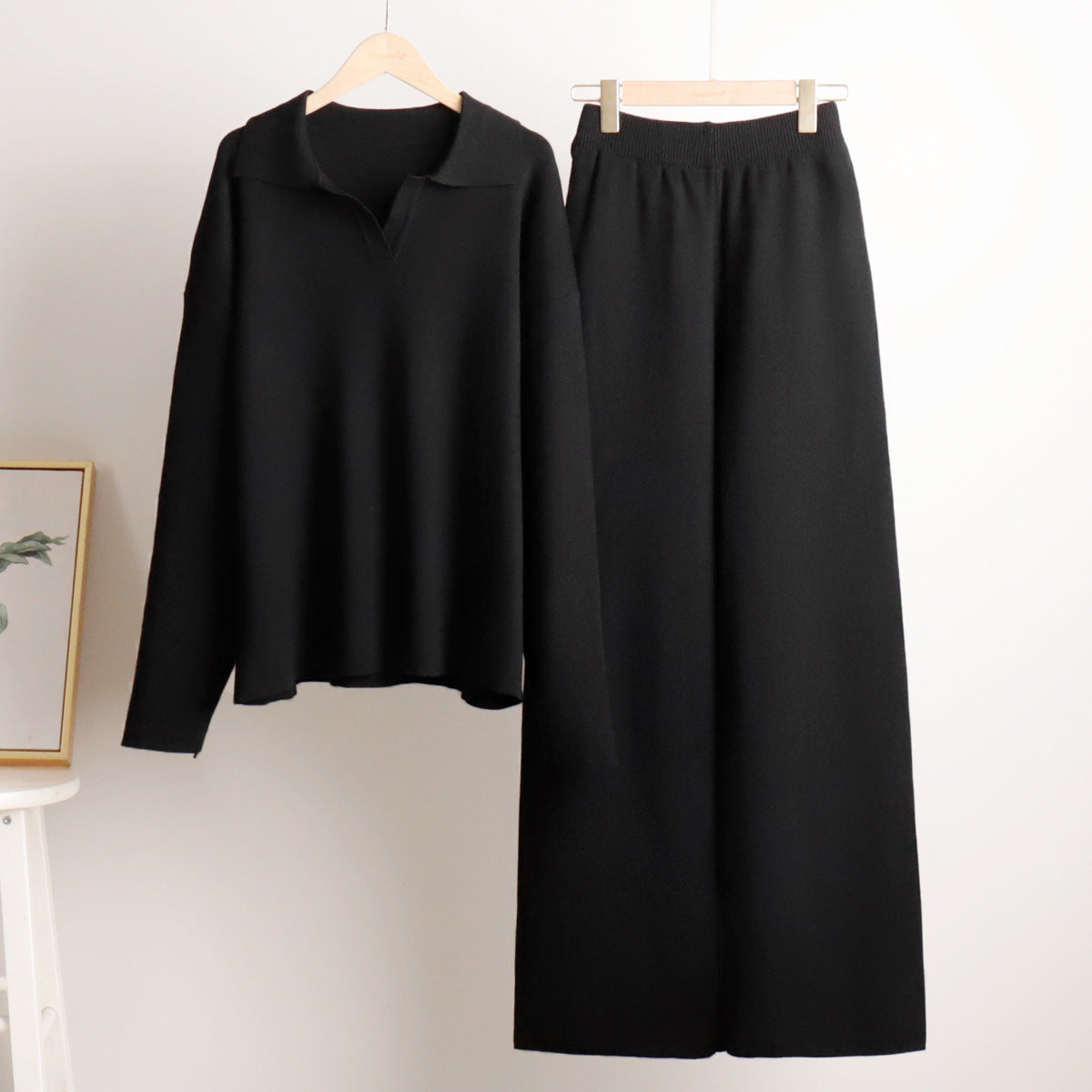 Polo Collar Knit Sweater Wide Leg Pants Set