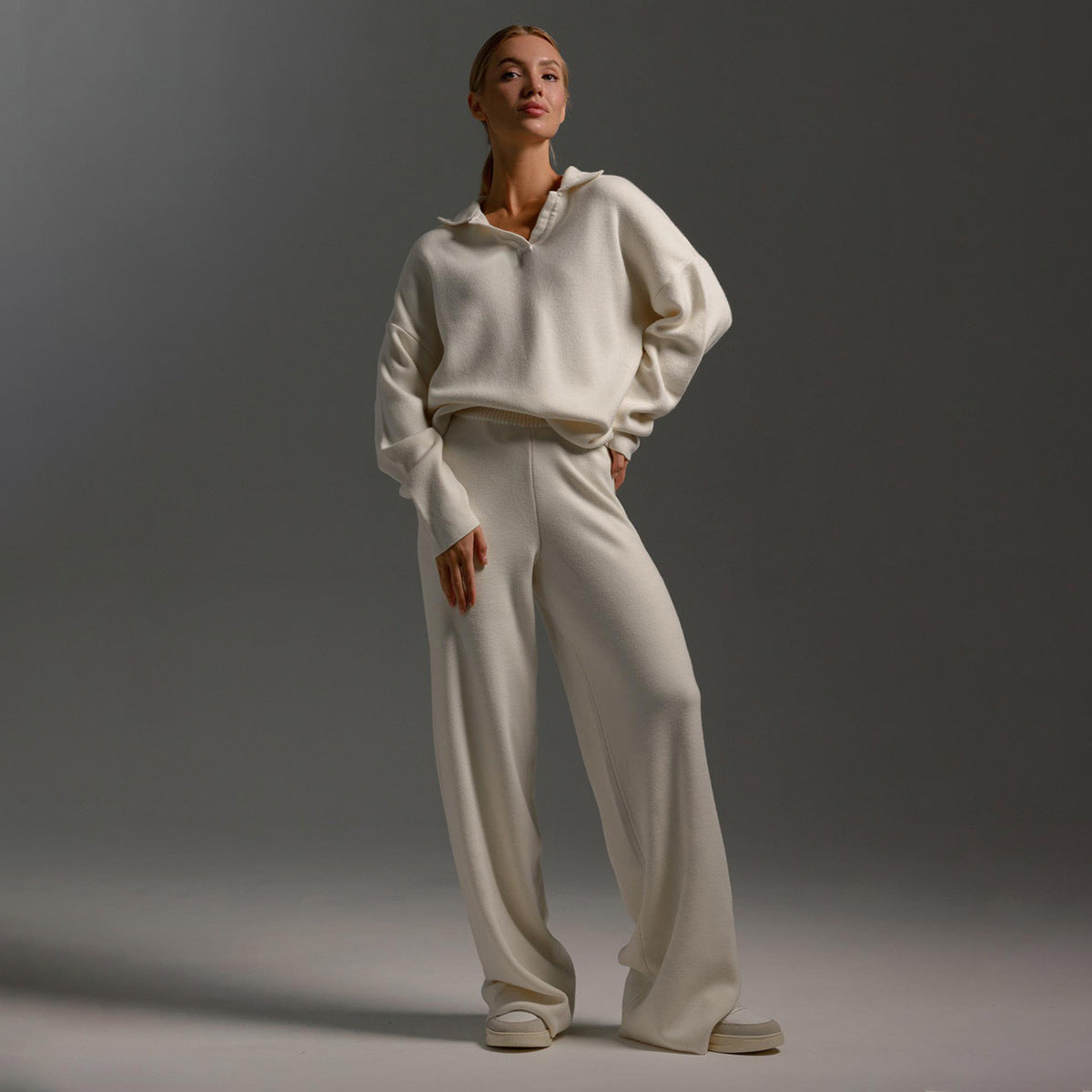 Polo Collar Knit Sweater Wide Leg Pants Set