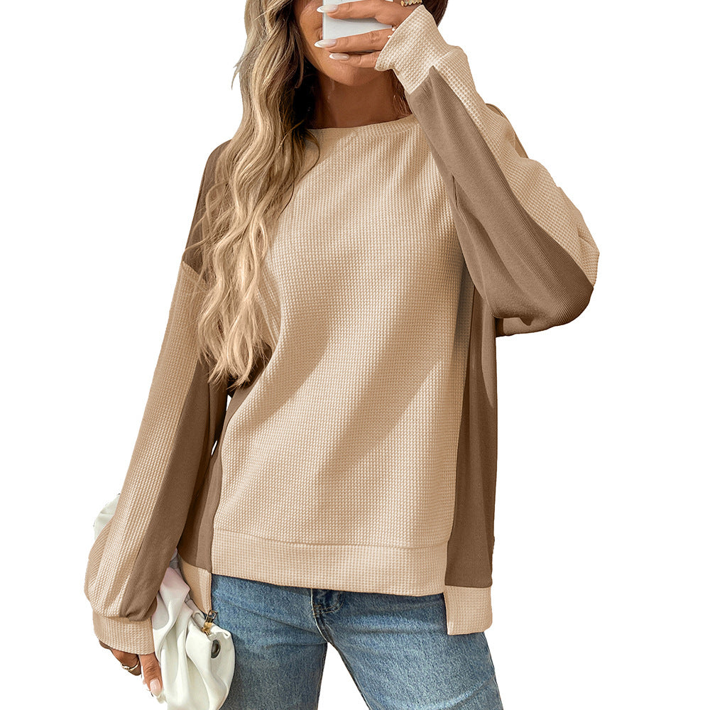 Colorblock Waffle Knit Crewneck Long Sleeve Top Women