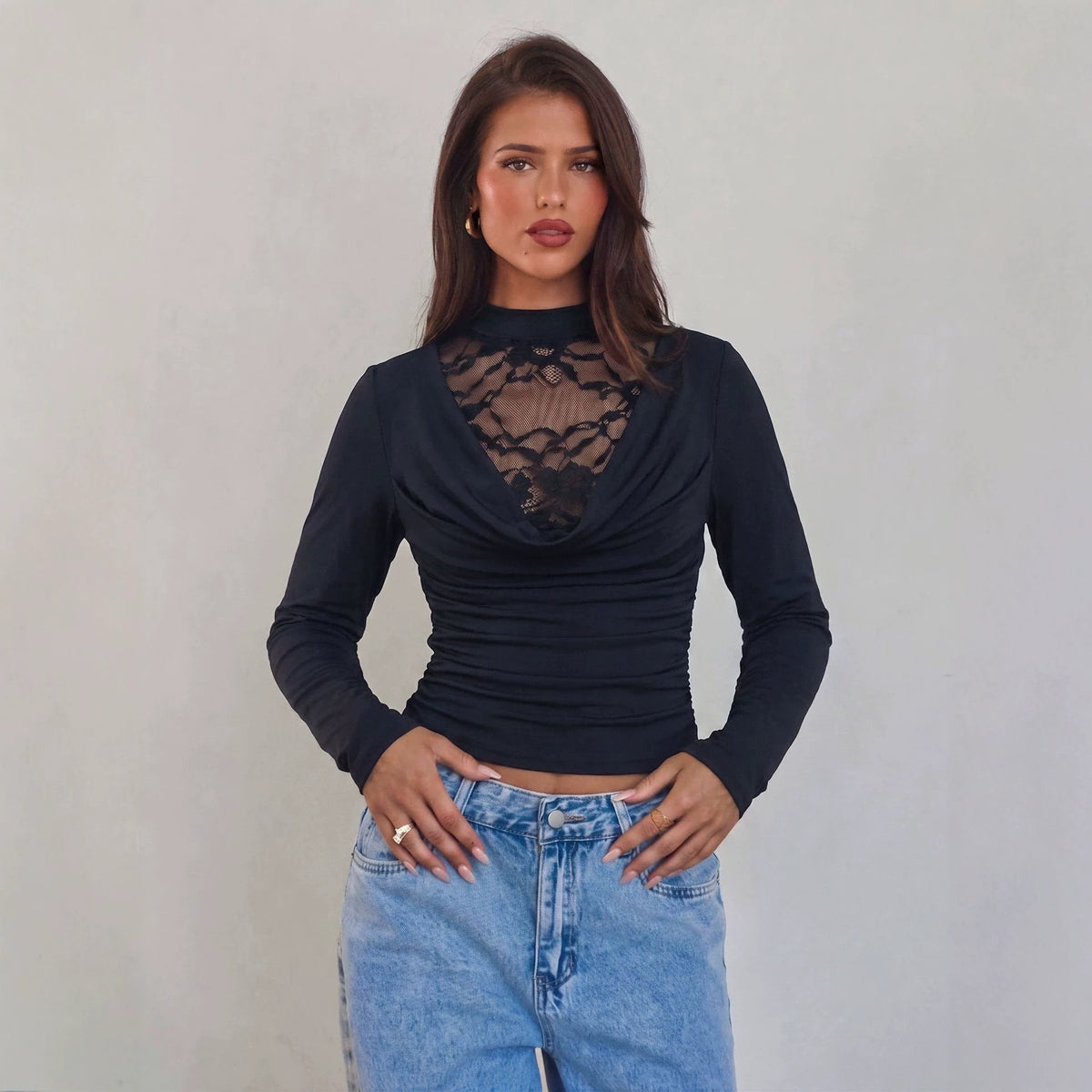 Women's Sexy Lace Cowl Neck Long Sleeve Fitted Top