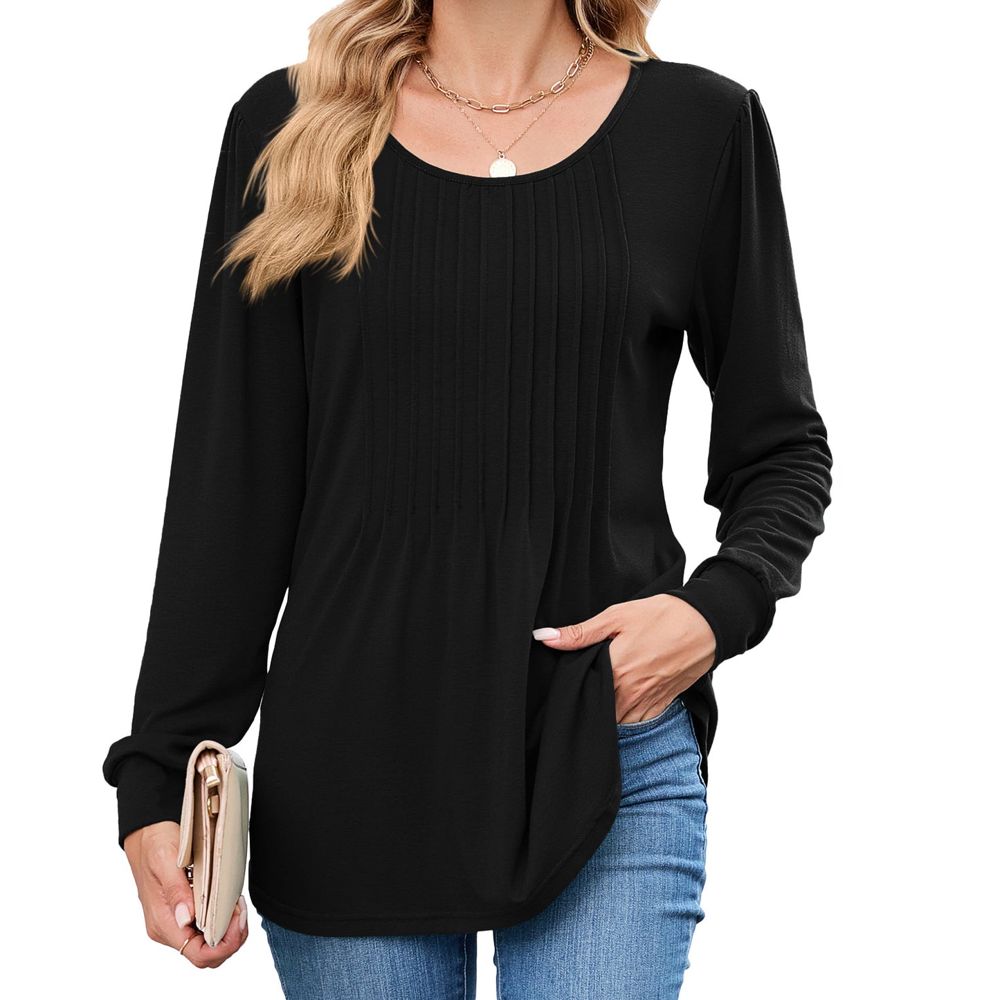Women's Pleated Front Long Sleeve Tunic Top Loose Fit