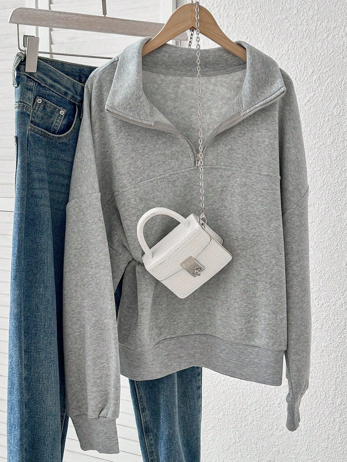 Solid Fleece Sweatshirt Casual Half Zip Oversized