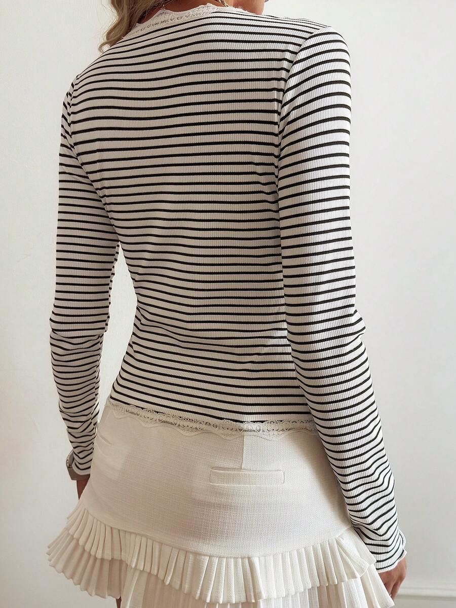 Striped Cotton Cardigan Sweet Lace Fitted Button Front