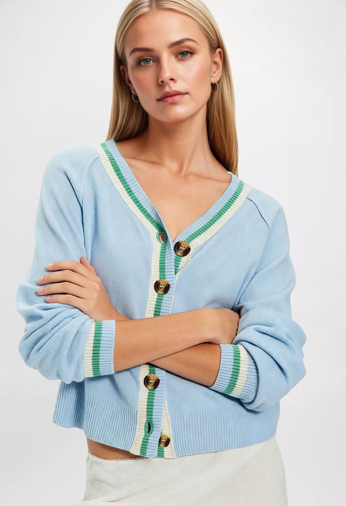 Women's Color Block V-Neck Button Front Cardigan