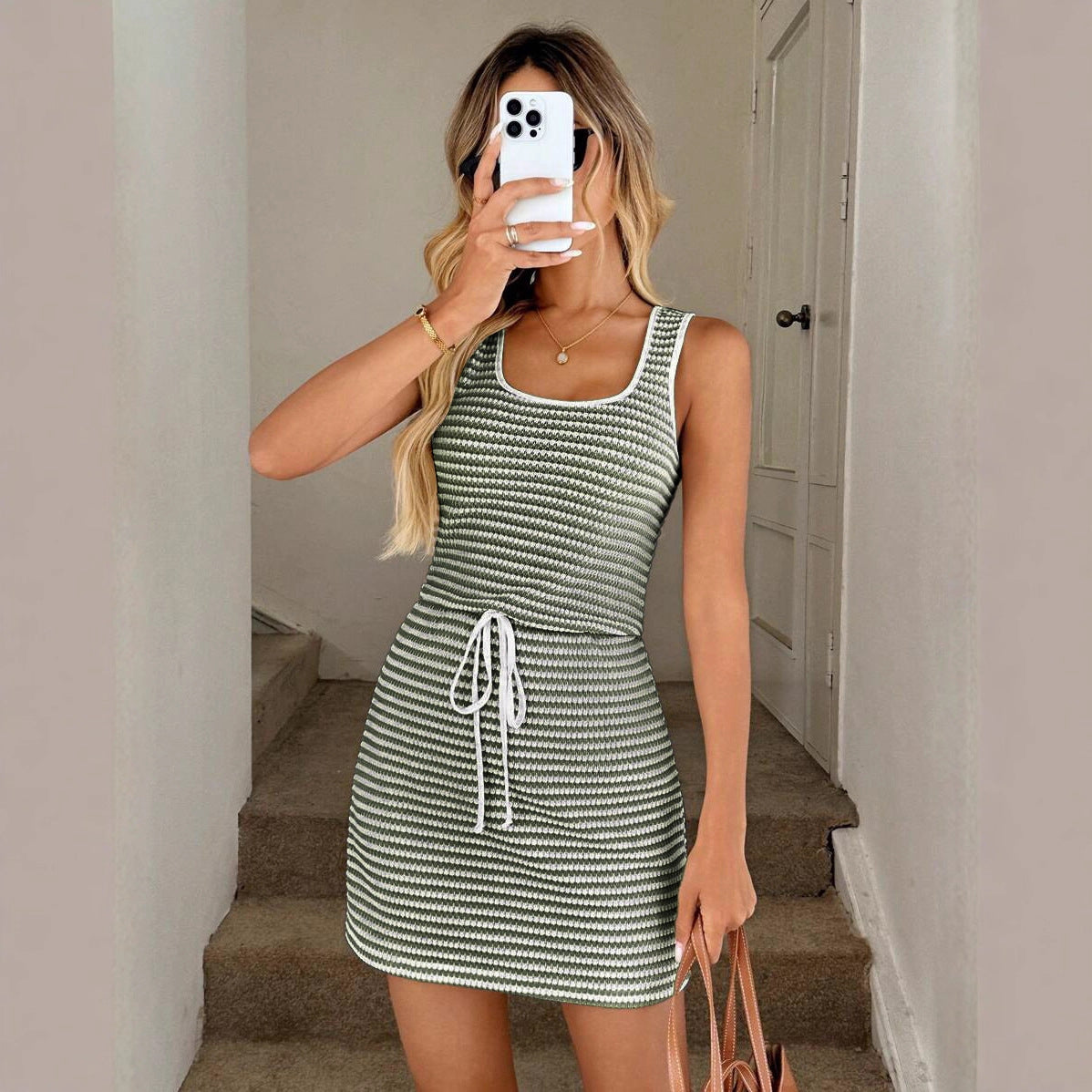 Striped Square Neck Drawstring Knit Mini Dress