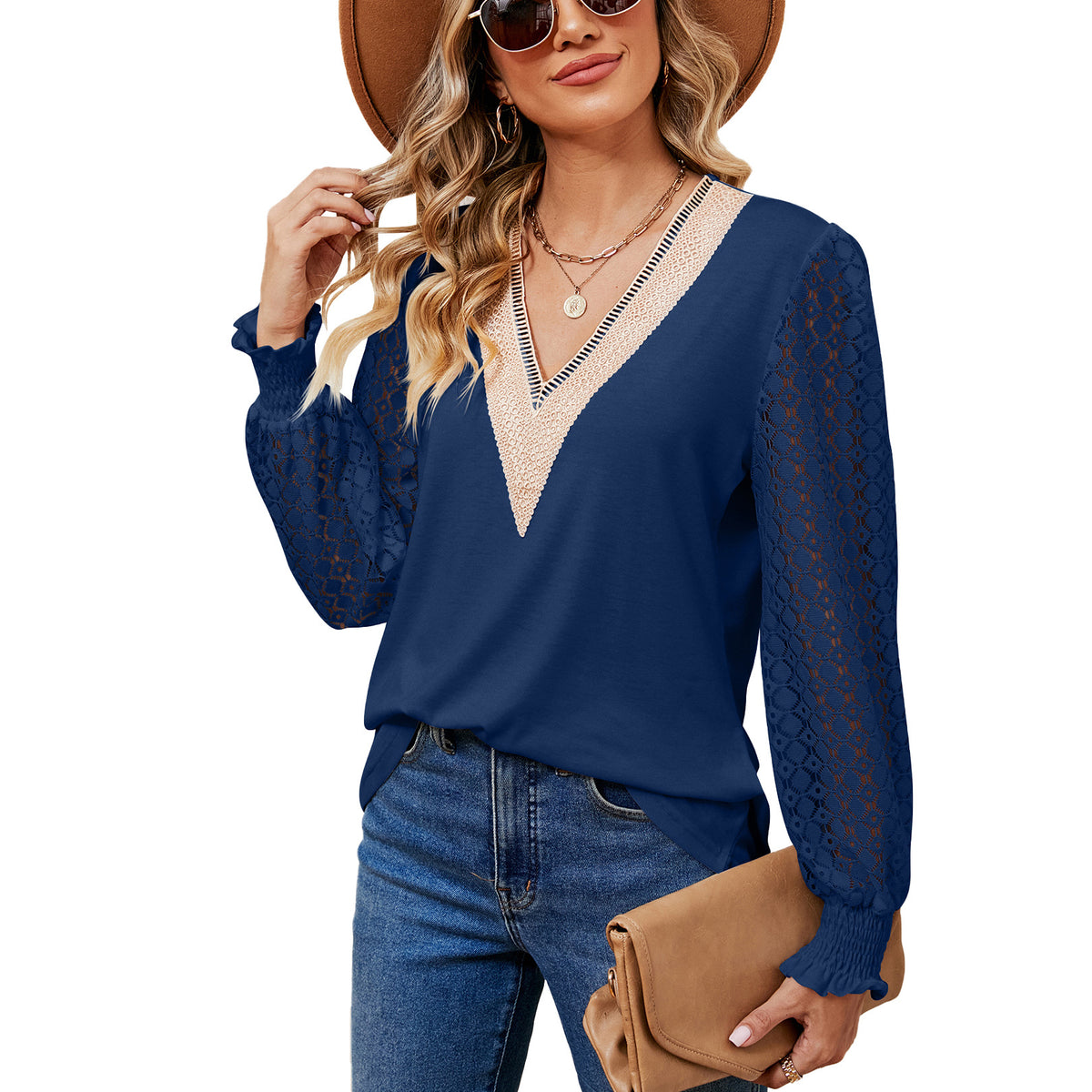Women's V-Neck Lace Crochet Long Sleeve Tunic Top