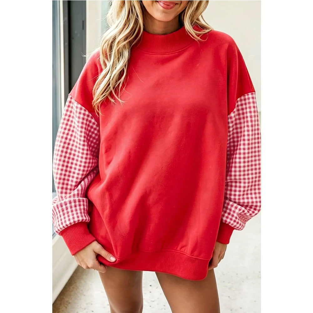 Oversized Mock Neck Plaid Sleeve Fleece Sweatshirt