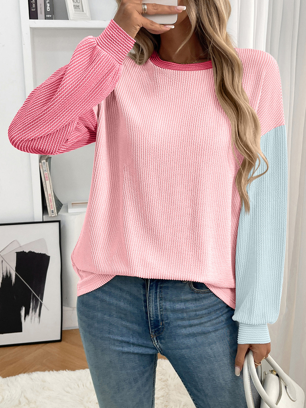 Women's Color Block Oversized Crewneck Pullover Top