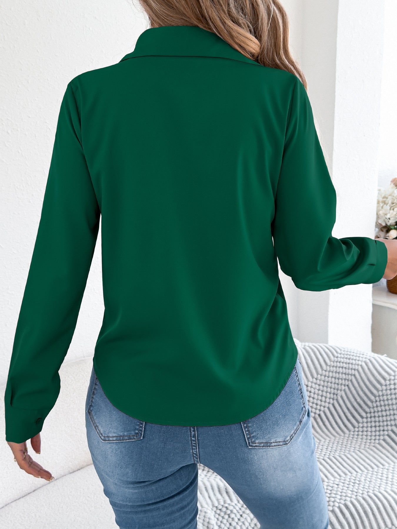 Pleated Long Sleeve Button Down Collared Blouse