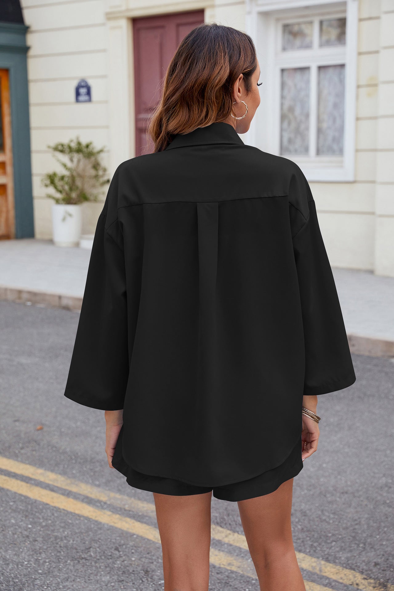 Collared Button-Up Blazer and Shorts Two-Piece Set