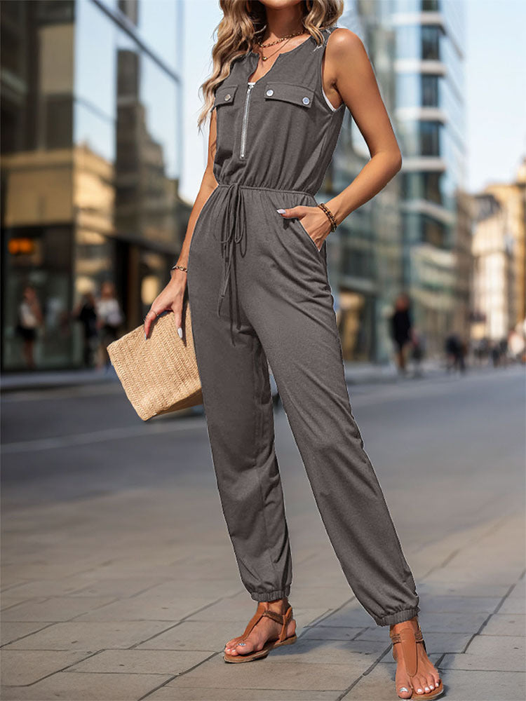 Zip Front Sleeveless Black Jogger Jumpsuit