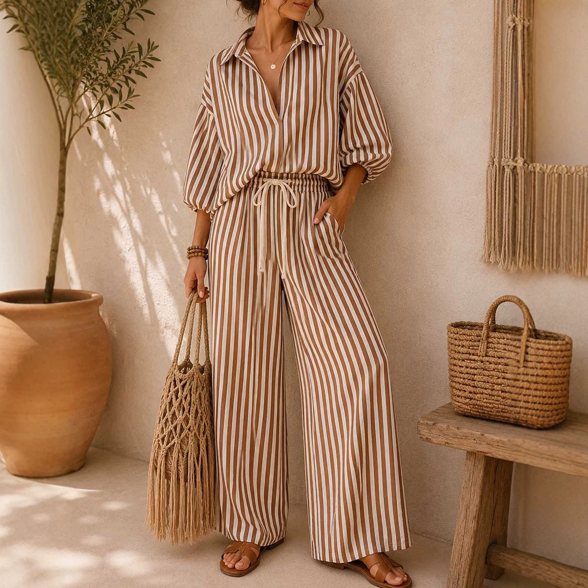Striped Button Down Shirt & Wide Leg Pants Set