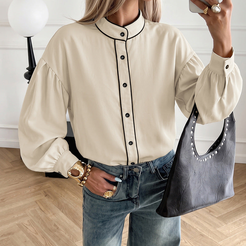 Women's Balloon Sleeve Contrast Trim Button Down Blouse