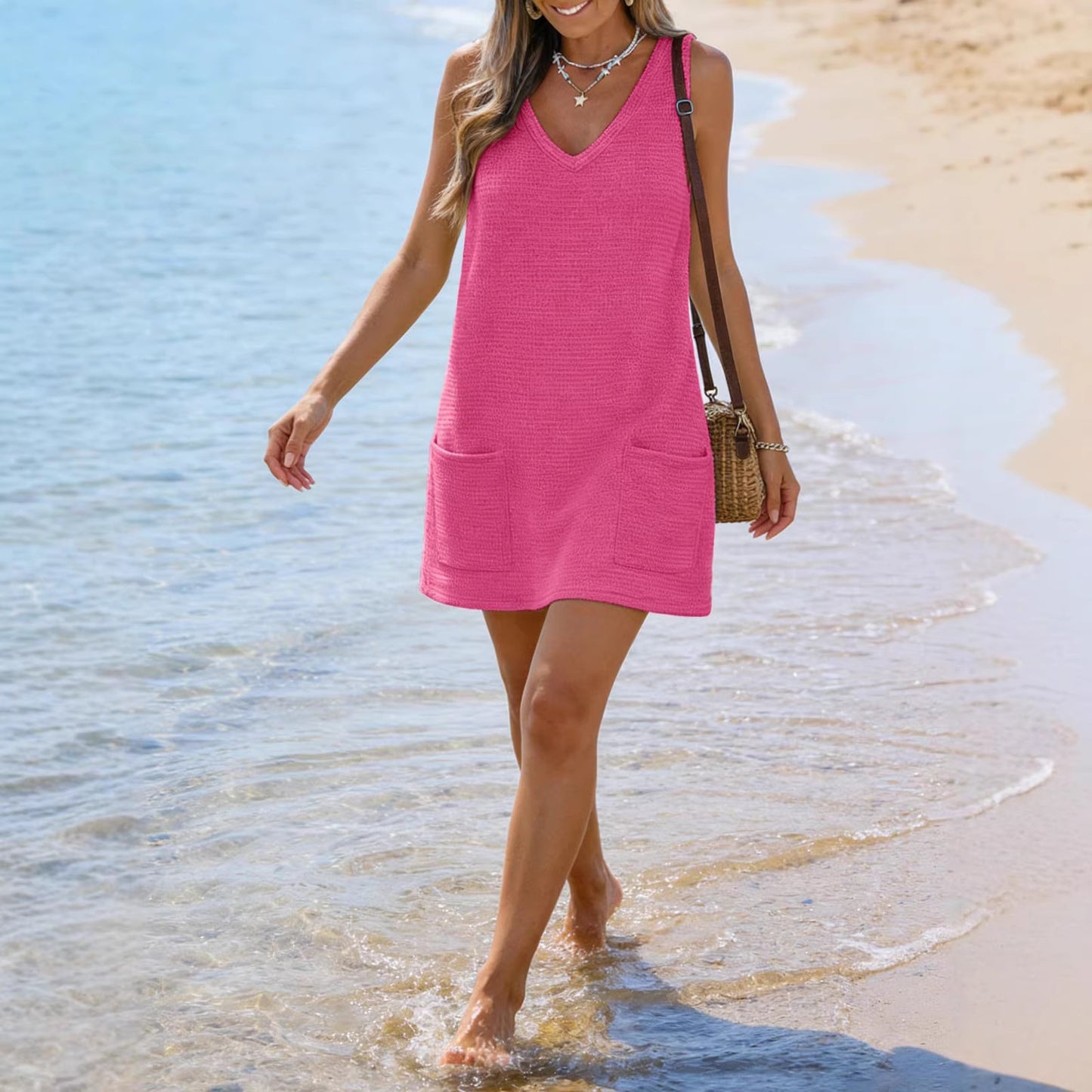 Textured Knit Tank Dress Casual Pocket Mini Dress