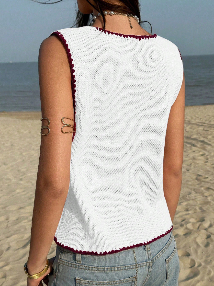 Y2K Contrast Trim Knit Tank Top Sleeveless Button Vest