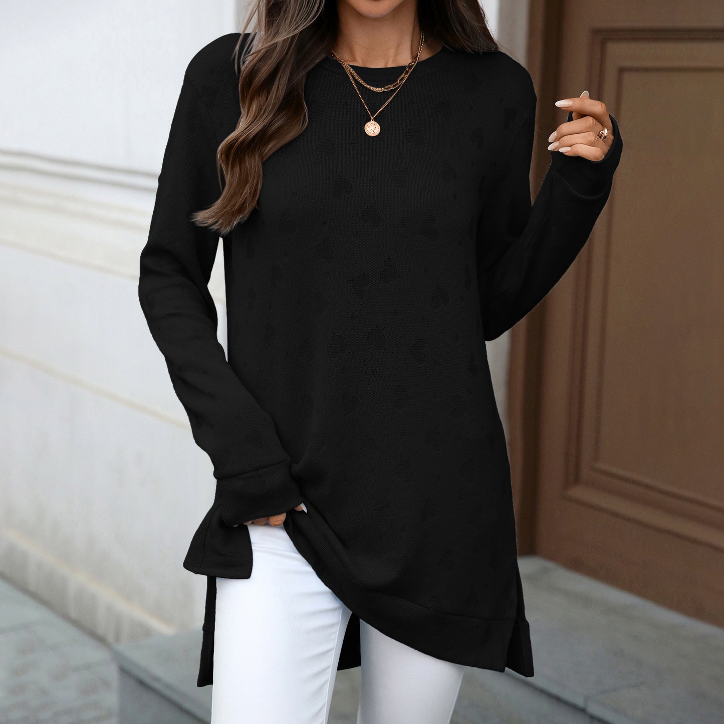 Oversized Crew Neck Long Sleeve Side Slit Knit Tunic Top