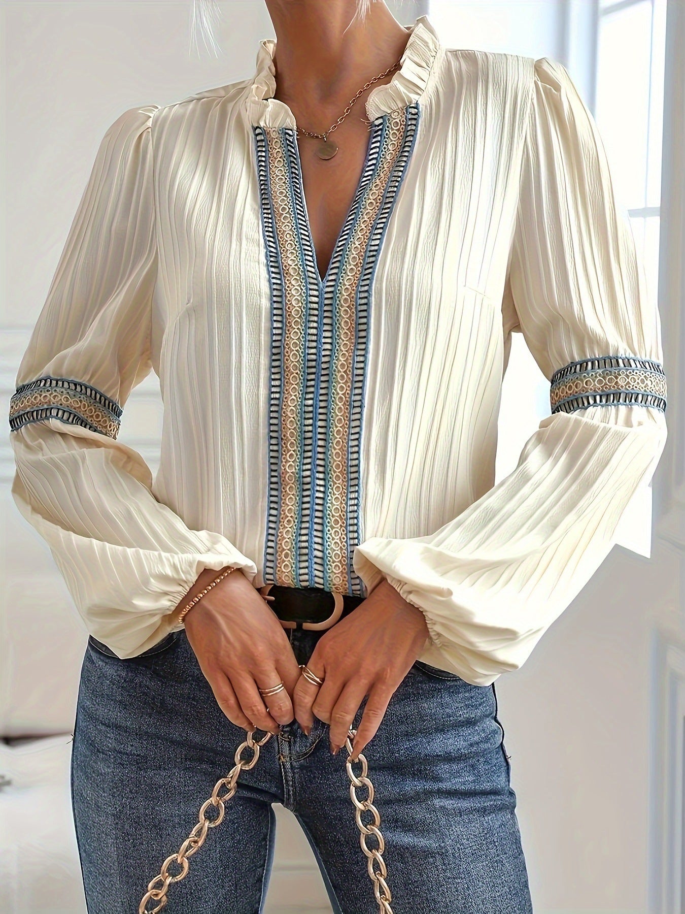Pleated Embroidered Trim Bell Sleeve Blouse