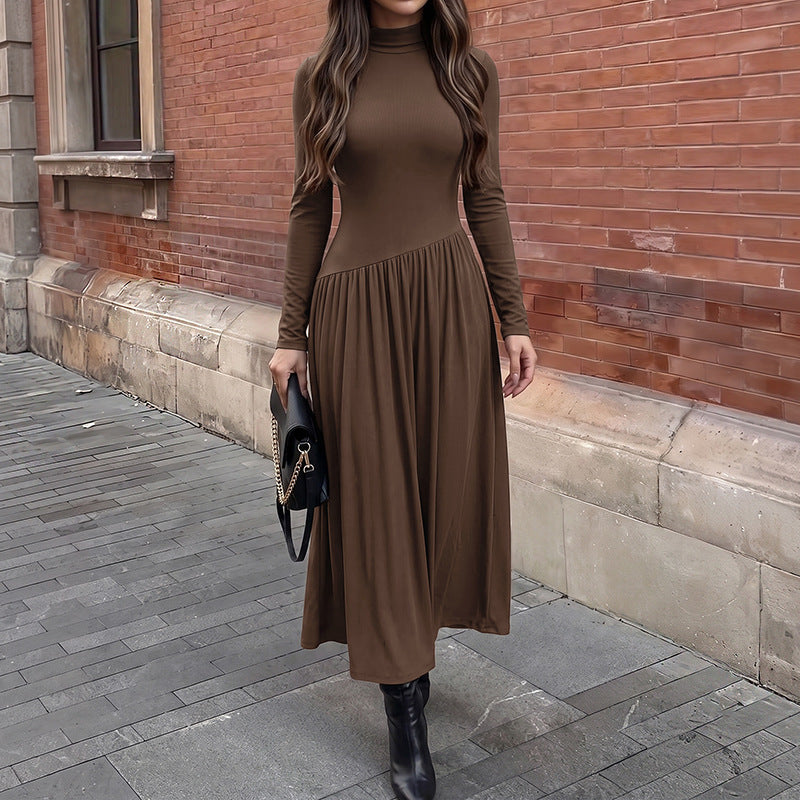 Mock Neck Knit Midi Dress Long Sleeve High Waist A Line