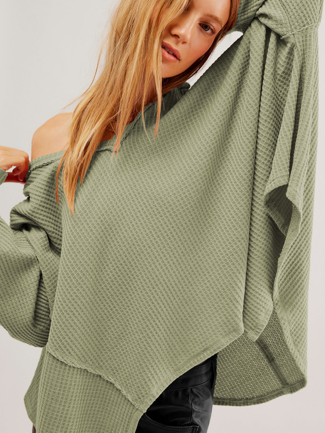 Women's Waffle V Neck Oversized Sweatshirt Casual Pullover