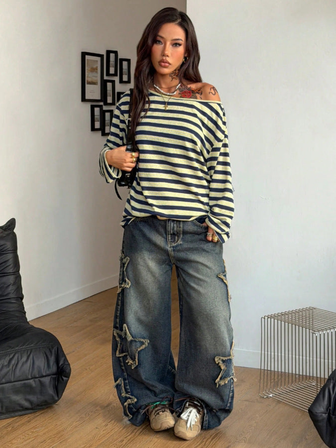 Striped Off Shoulder Oversized Long Sleeve Top