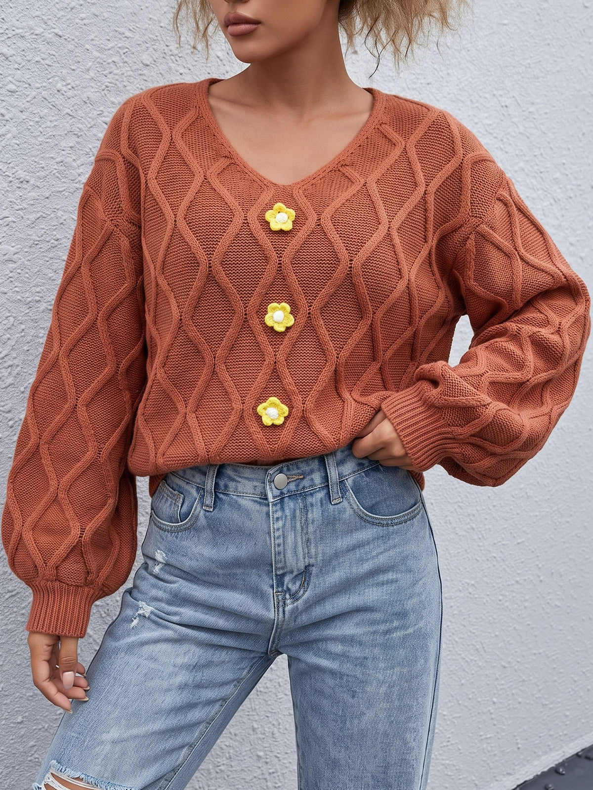 Women's V-Neck Cable Knit Sweater Floral Balloon Sleeve