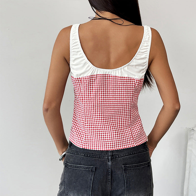 Colorblocked Checkered Lace-Up Vest Camisole