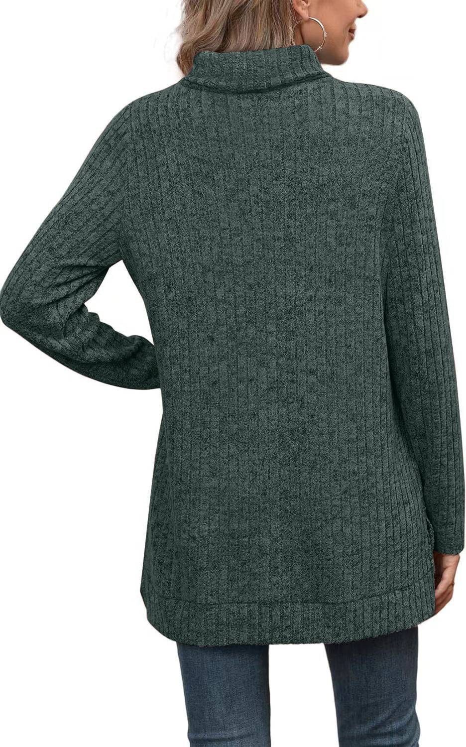 Women's Oversized Ribbed Turtleneck Long Sleeve Slit Tunic