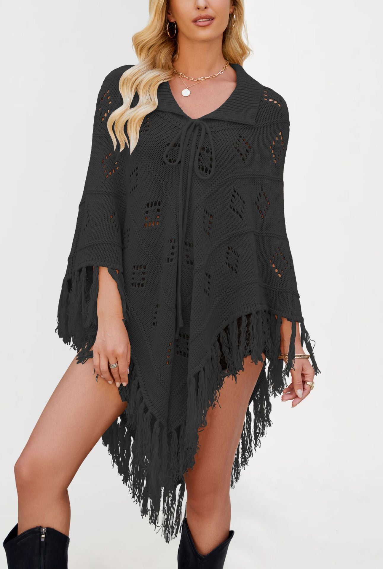 Womens Fringe Knit Poncho Shawl Sweater
