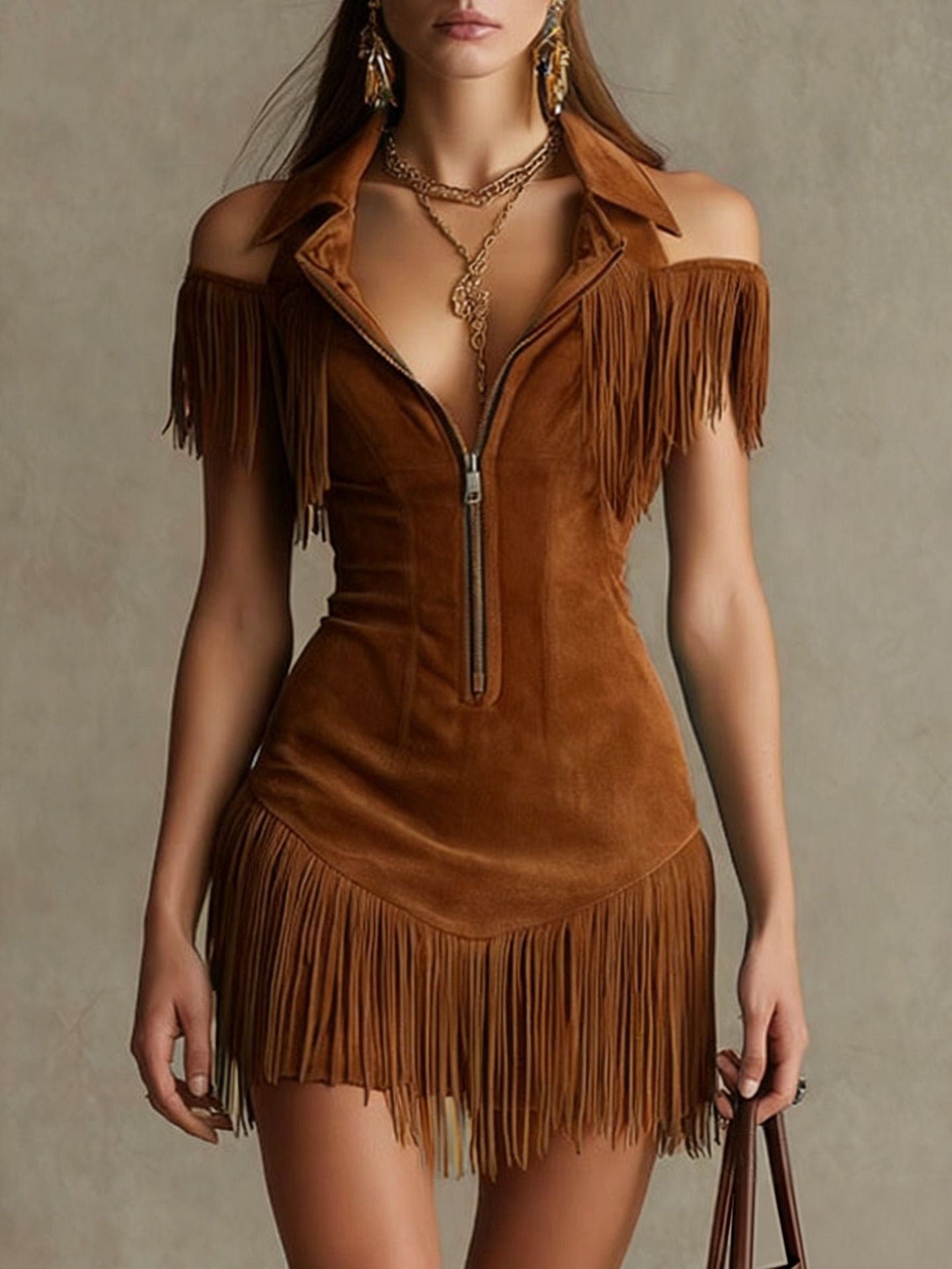 Y2K Western Fringe Suede Mini Dress for Women