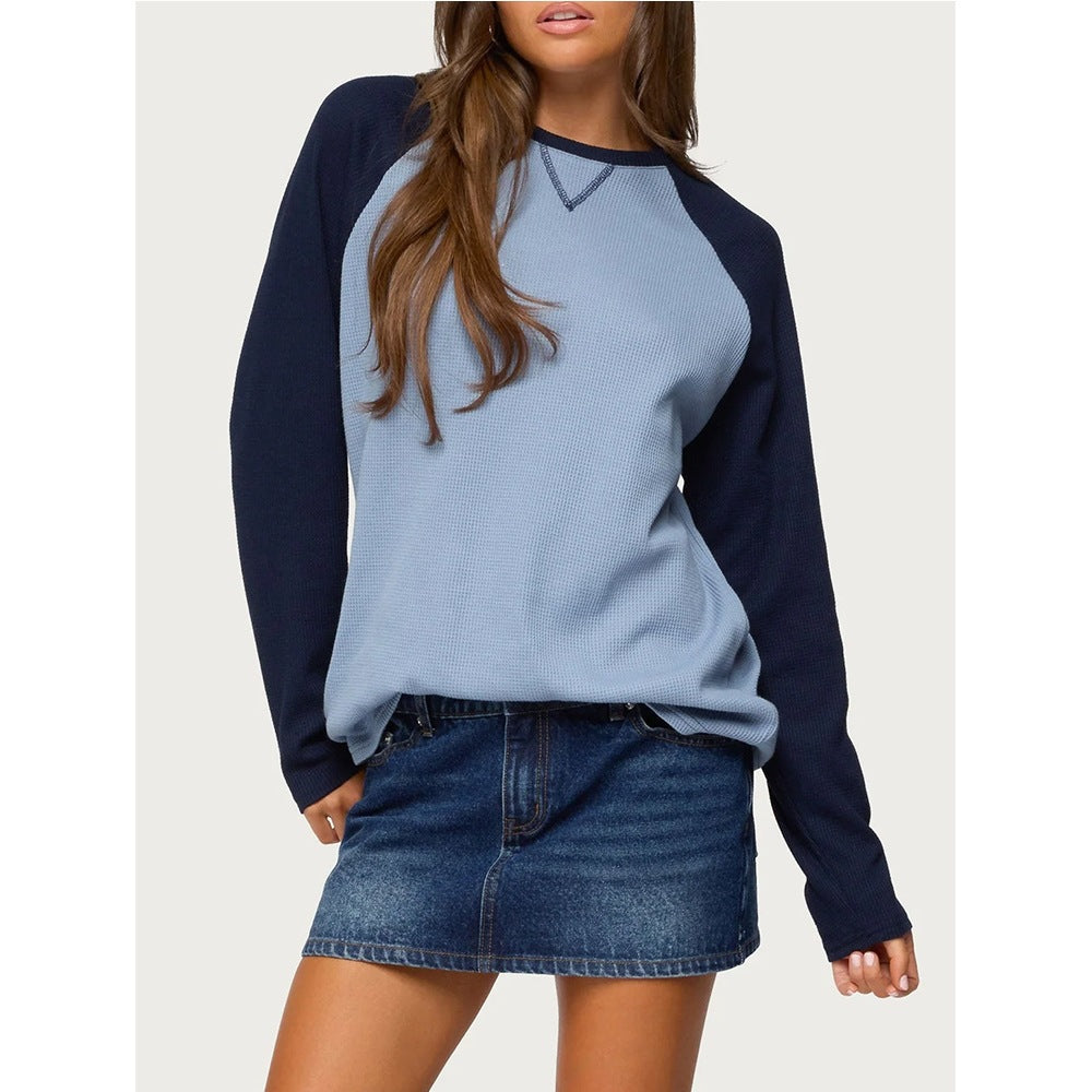 Colorblock Raglan Sleeve Waffle Knit Top