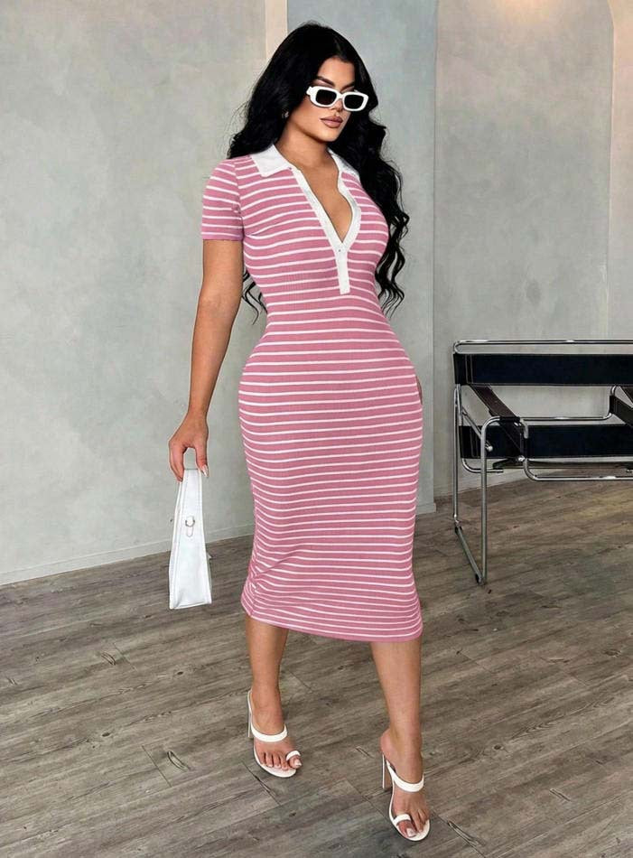 Striped Polo Collar Bodycon Midi Dress Short Sleeve Casual  Wear