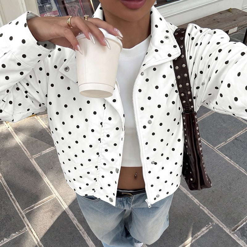 Polka Dot Cropped Zip Up Collared Jacket